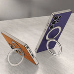 Electroplate Leather Shockproof Magnetic Case with Rotating Ring Bracket for Samsung Galaxy S25 Ultra