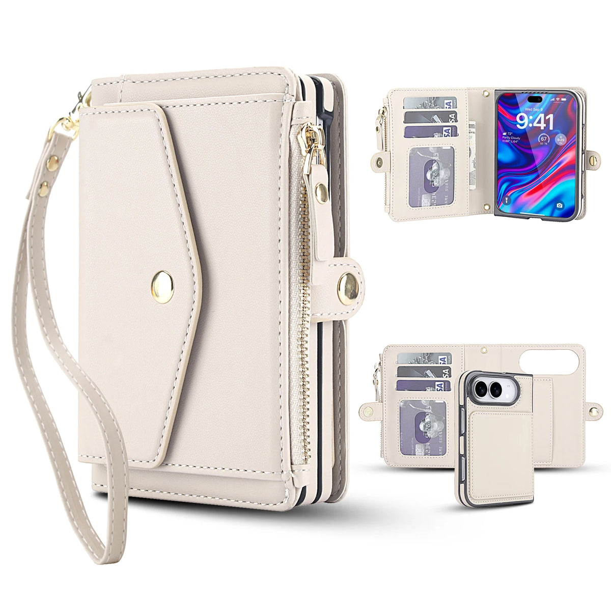 Zipper Wallet Crossbody Case with Detachable Phone Case for iPhone Duo