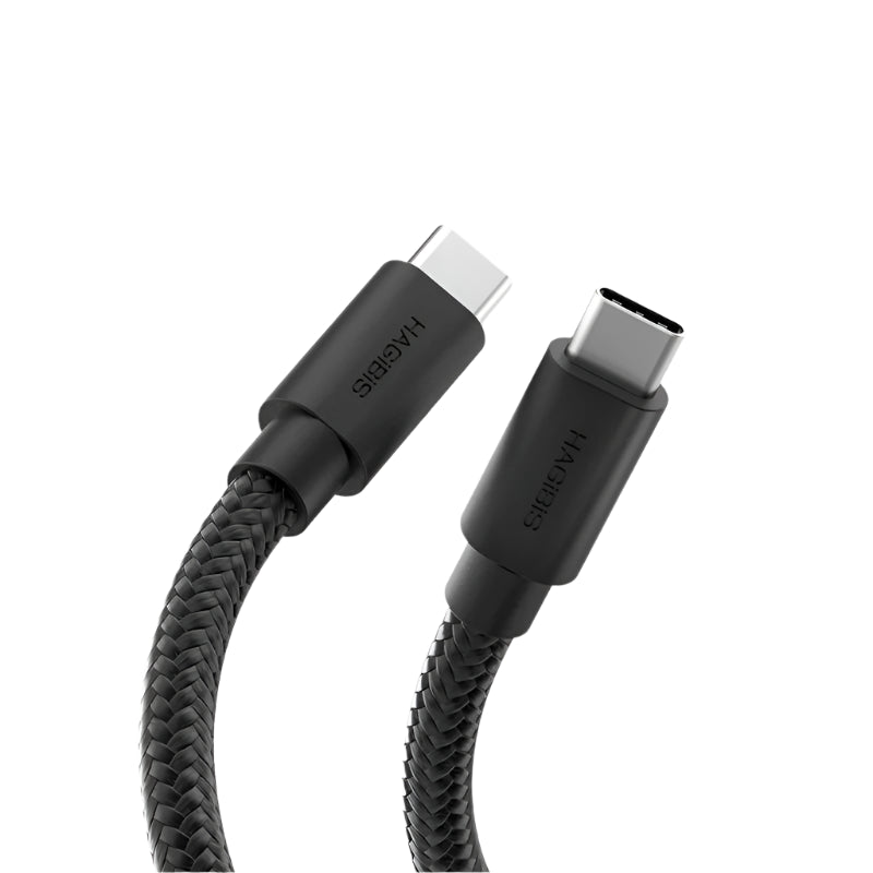 Black USB-C cable with braided design on a light gray background