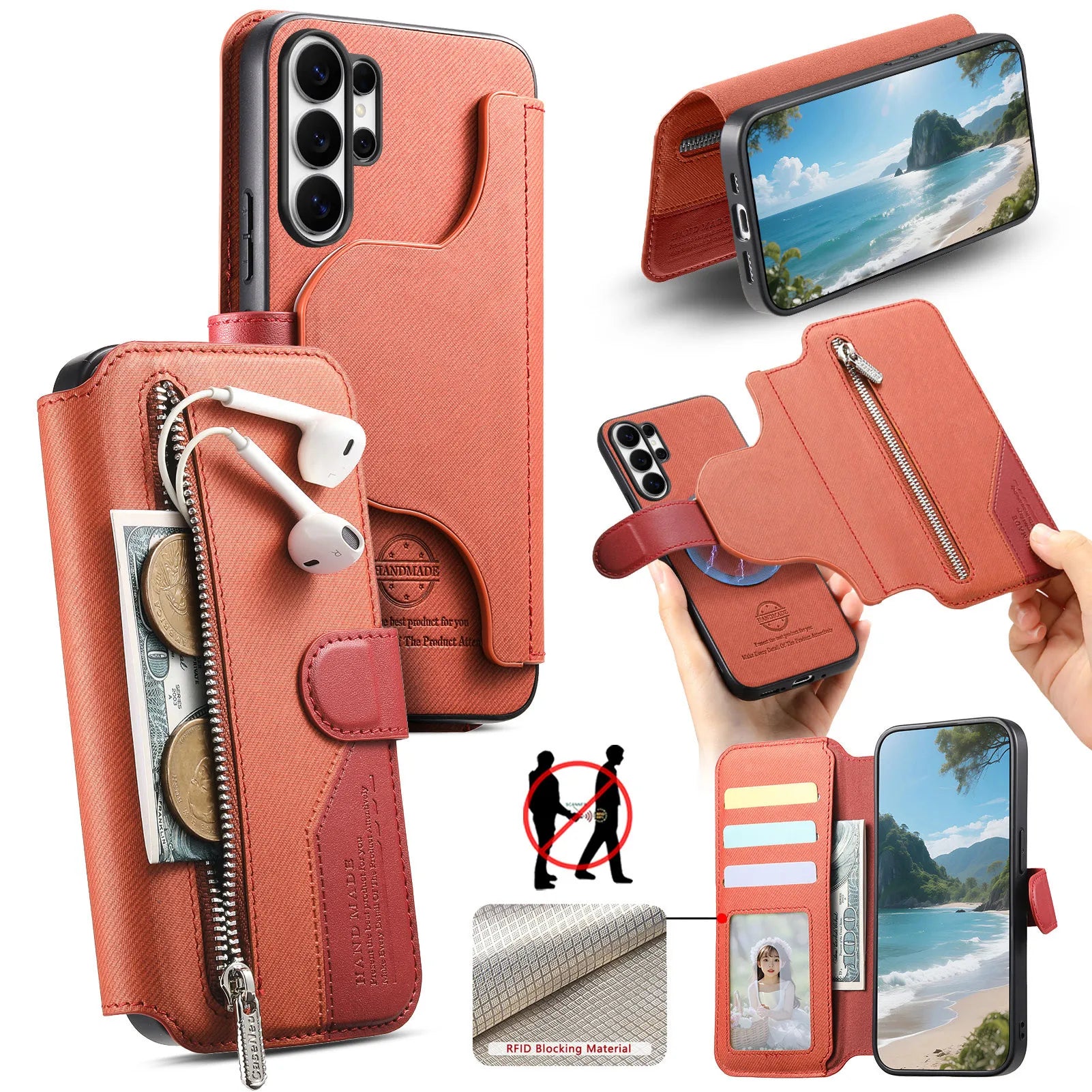 Detachable Magnetic Wallet Case with Kickstand and RFID Blocking for Samsung Galaxy S23 Series