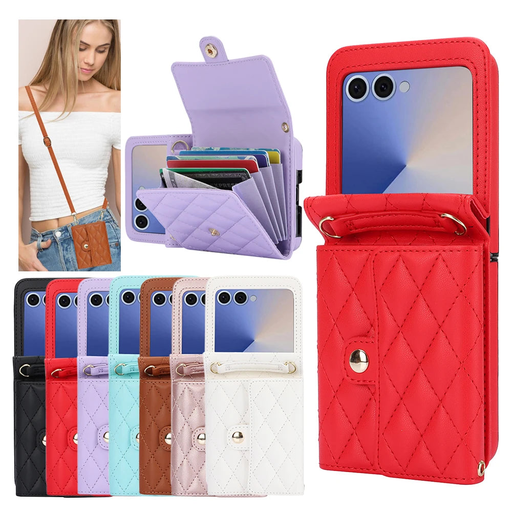 Anti-Drop Leather Wallet Case with Crossbody Strap and Card Holder for Samsung Galaxy Z Flip 7