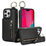 Protective Leather Case with Zipper Wallet & Ring Holder for iPhone 15 Series