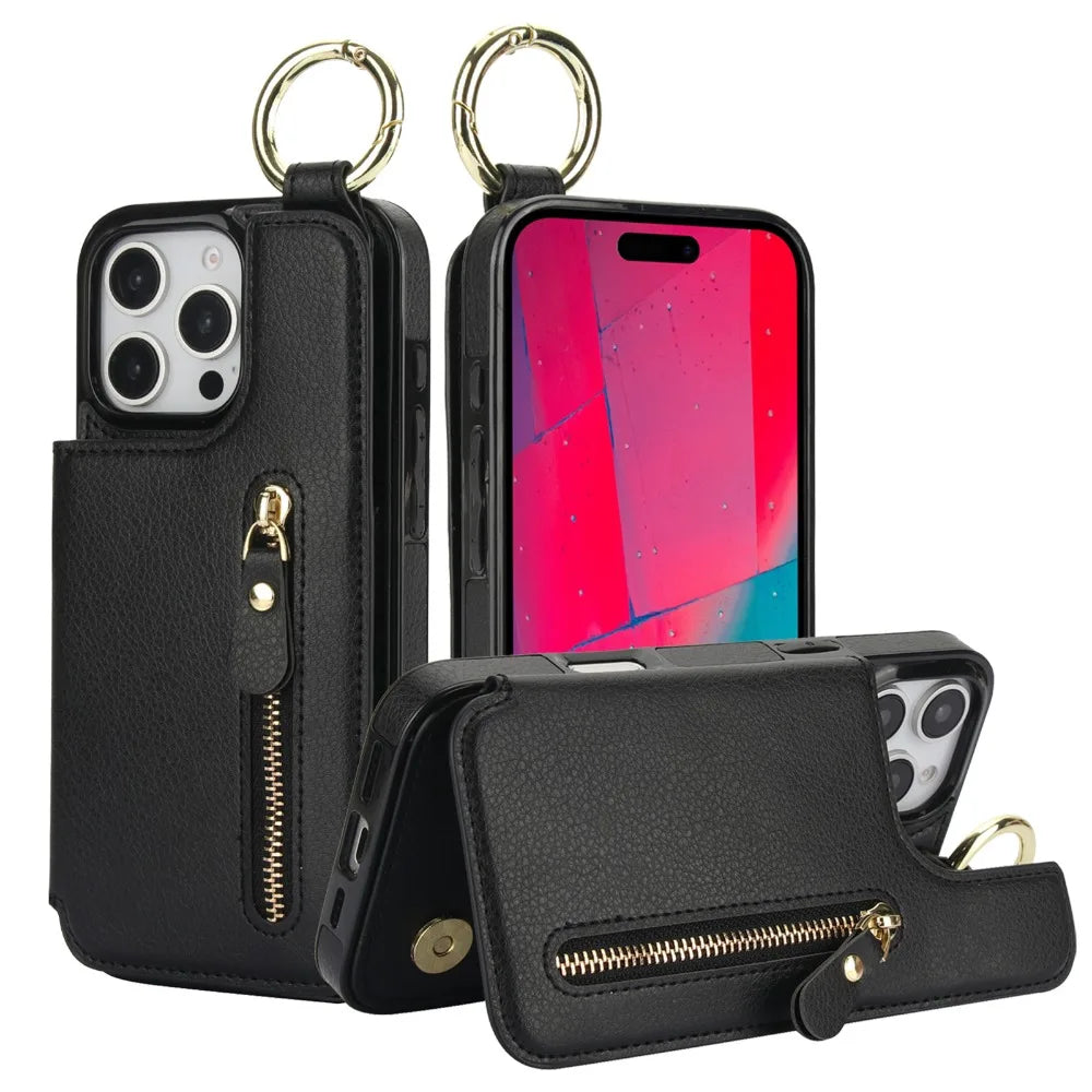 Protective Leather Case with Zipper Wallet & Ring Holder for iPhone 15 Series