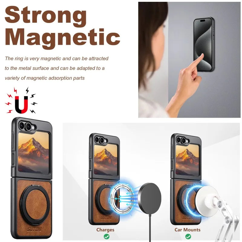 Textured Leather Magnetic Case with Rotating Ring for Samsung Galaxy Z Flip 8