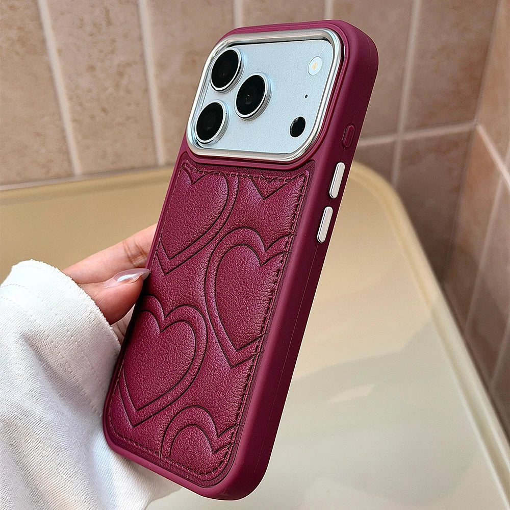 Embossed Heart Leather Case with Raised Camera Frame for iPhone 18 Series