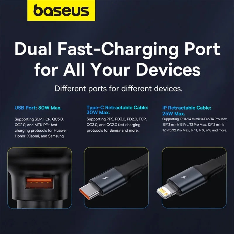 Baseus 60W PD Car Charger with Retractable Cable