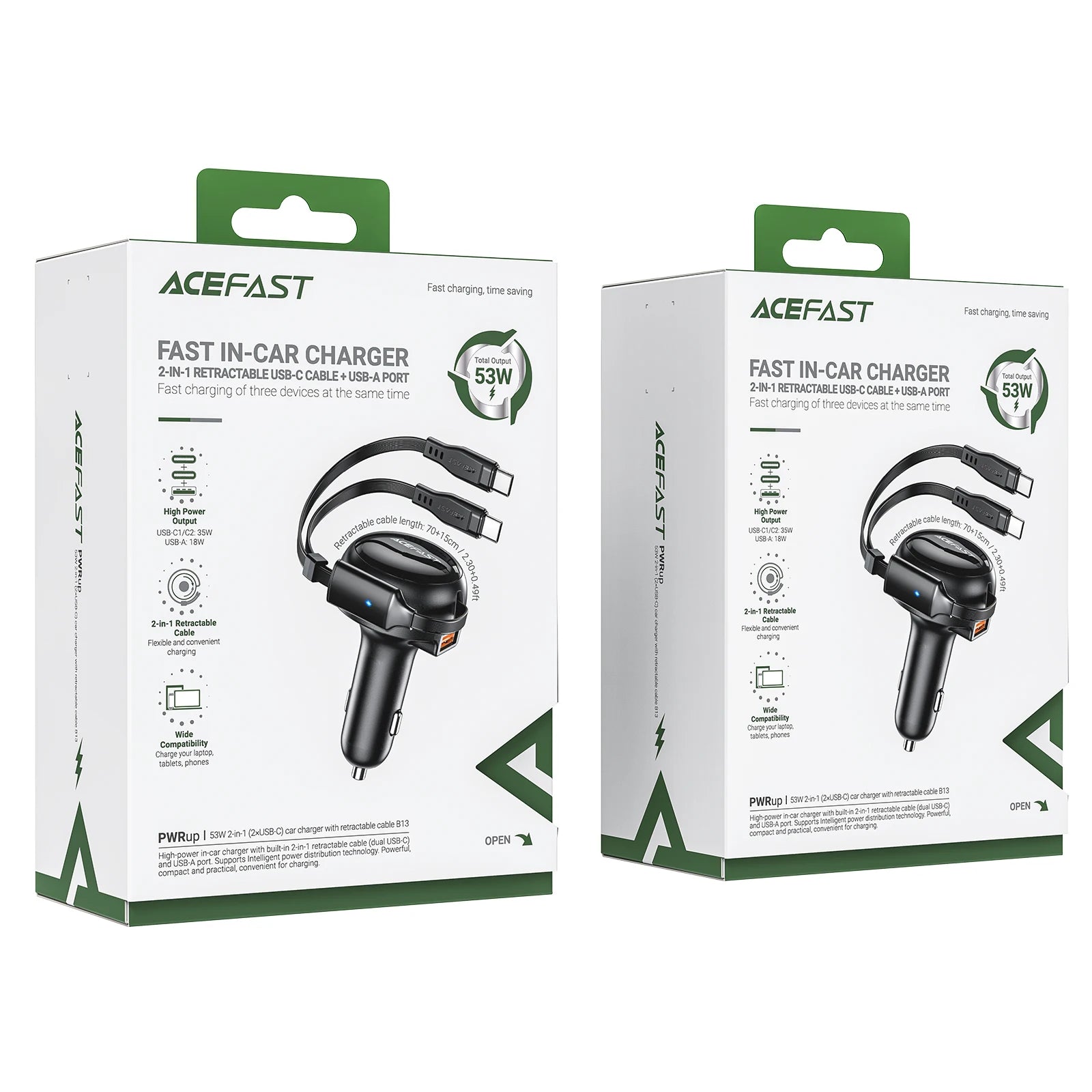 ACEFAST 53W Dual Port Car Charger with Retractable USB-C Cables