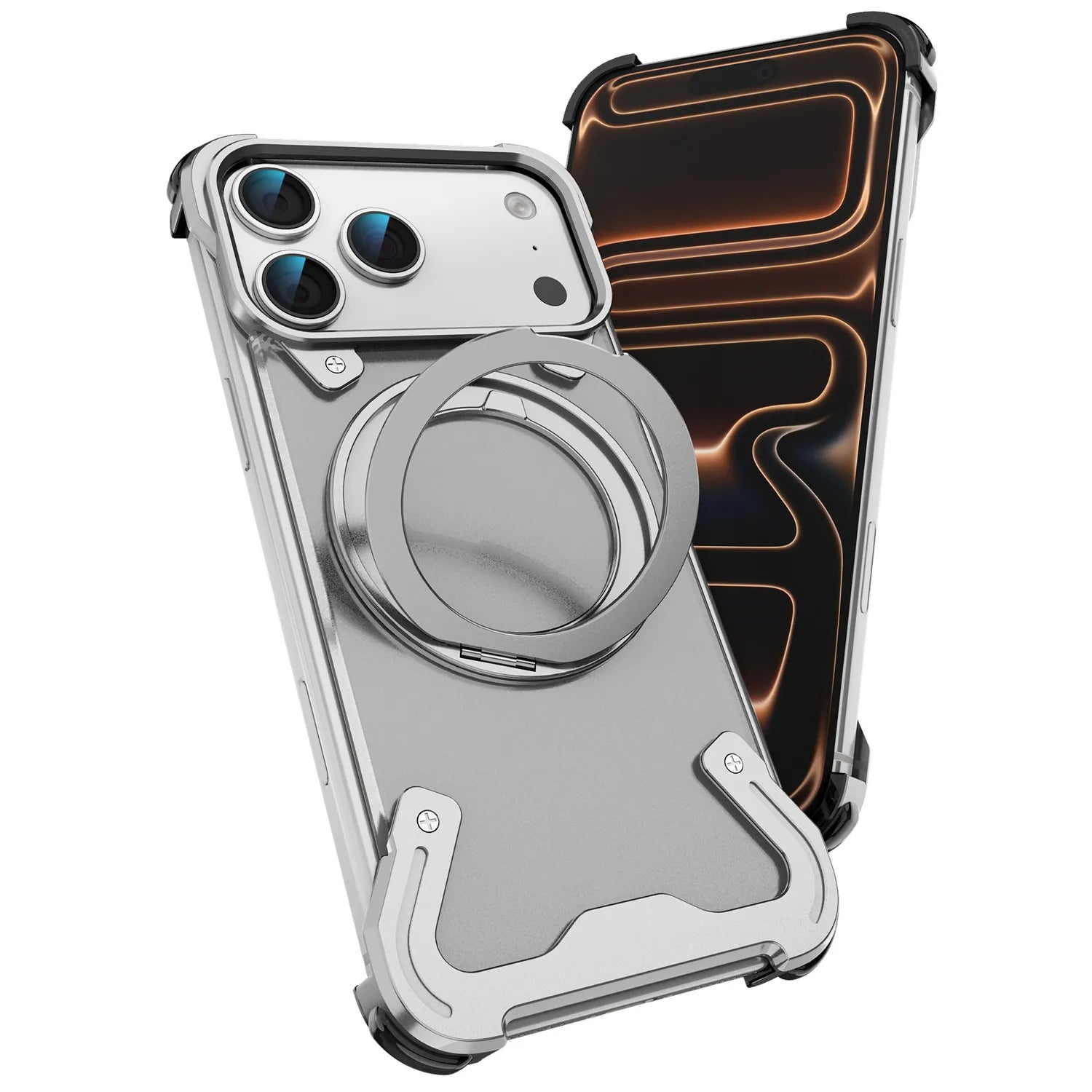 Frameless Aluminum MagSafe Armor Case with 360° Rotating Ring Stand for iPhone 17 Pro & iPhone 17 Pro Max