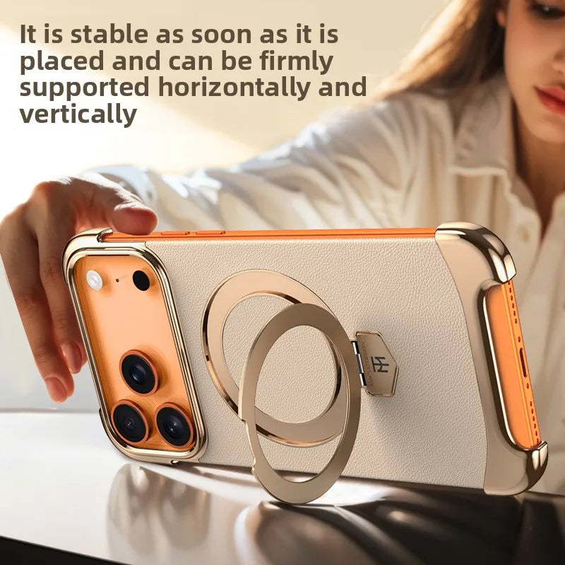 Luxury Leather Ultra-Thin Frameless MagSafe Case with Kickstand for iPhone 17 Series