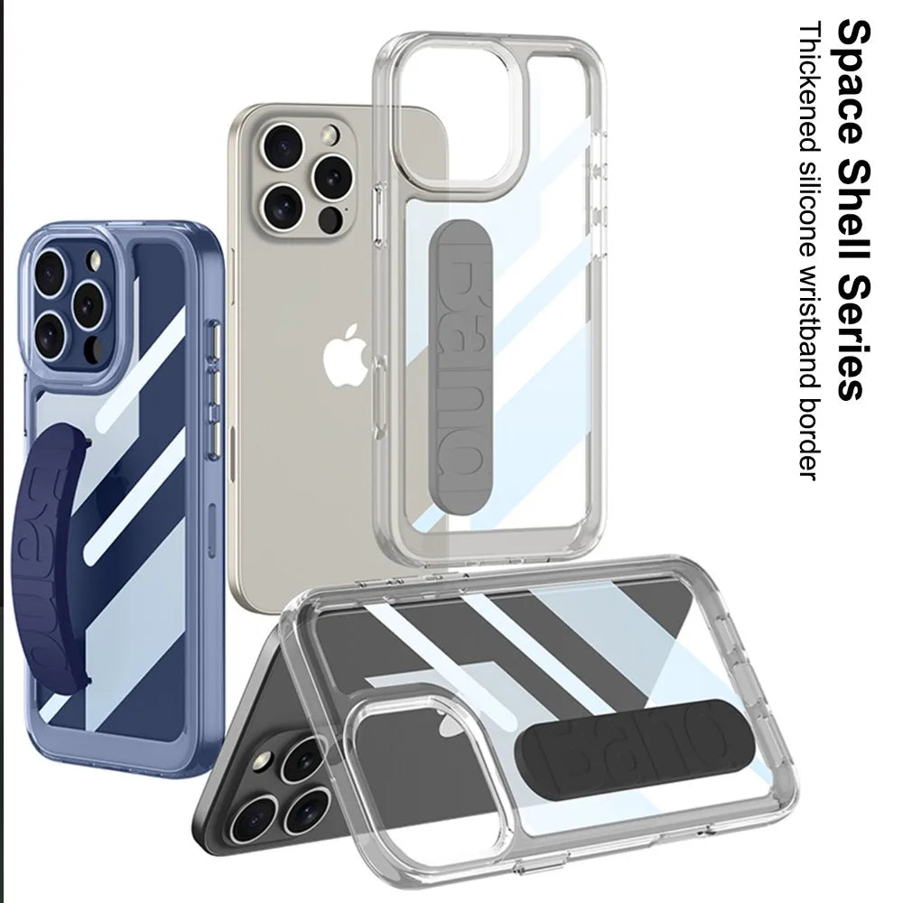 Transparent Hard Shell Shockproof Case Wrist Strap for iPhone 16 Series