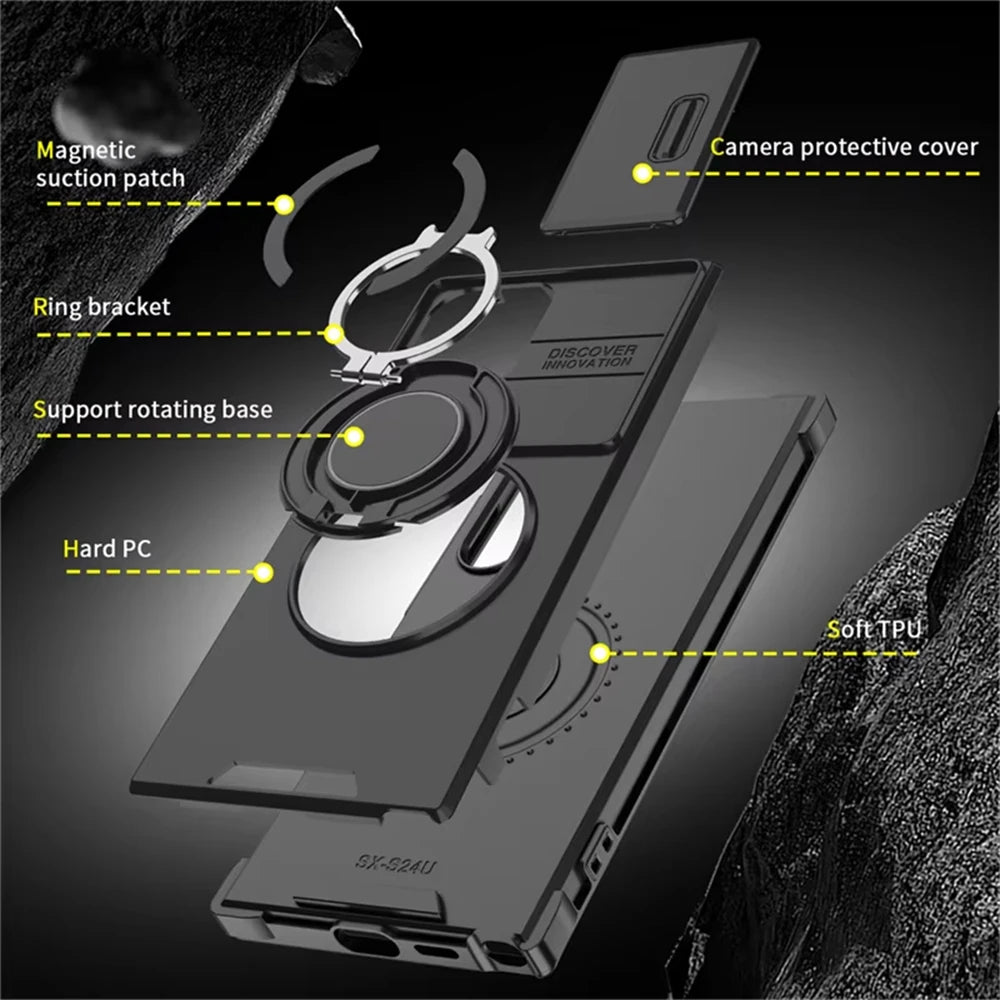 Slide Camera Cover Armor Magnetic Case with Kickstand for Samsung Galaxy S24 Series