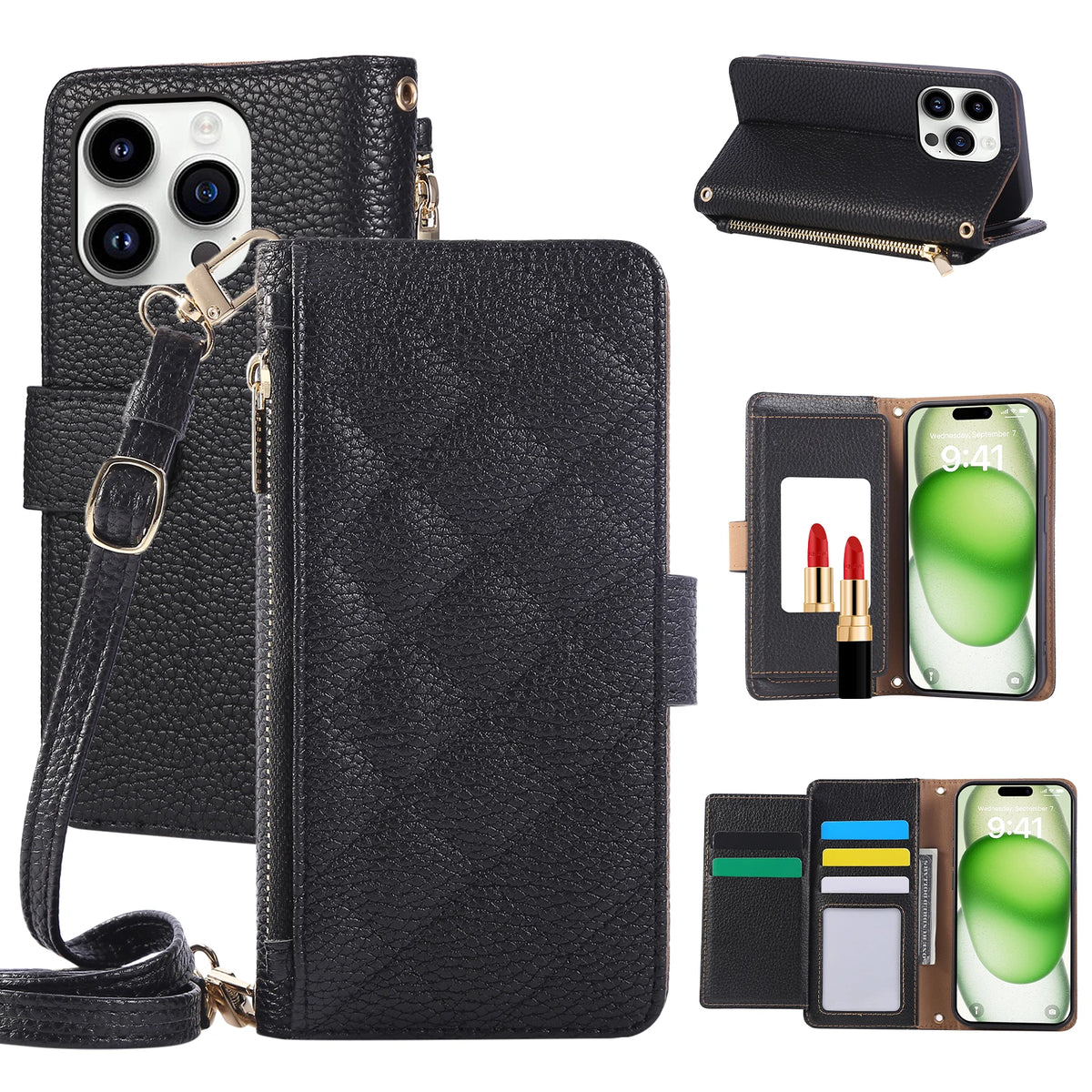 Crossbody Leather Wallet Case with Card Holder for iPhone 16 Series