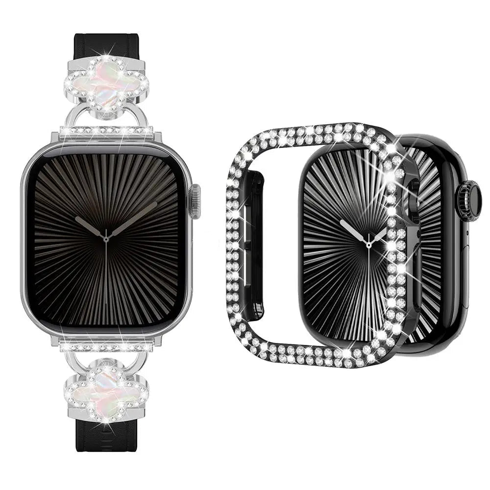 Elegant Leather Bracelet Strap with Dimond Case for Apple Watch Series 10