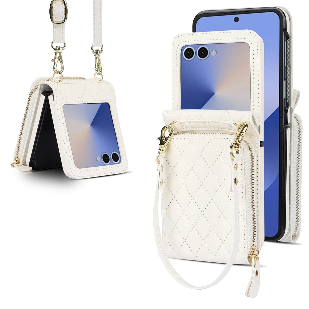 Shockproof Leather Crossbody Case with Lanyard and Wallet Pouch for Samsung Galaxy Z Flip 7