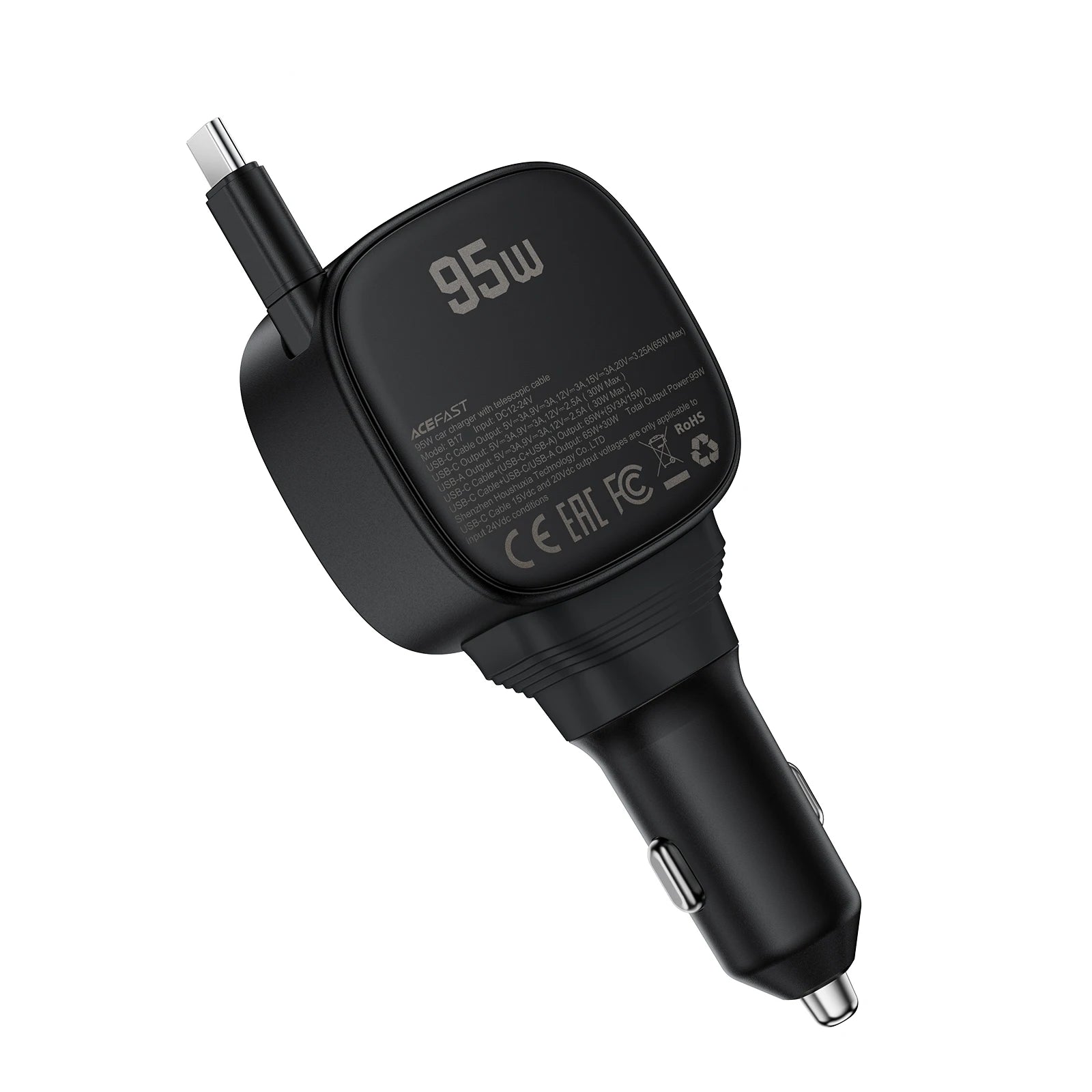 ACEFAST B17 95W Car Charger with Retractable USB-C Cable and LED Digital Display