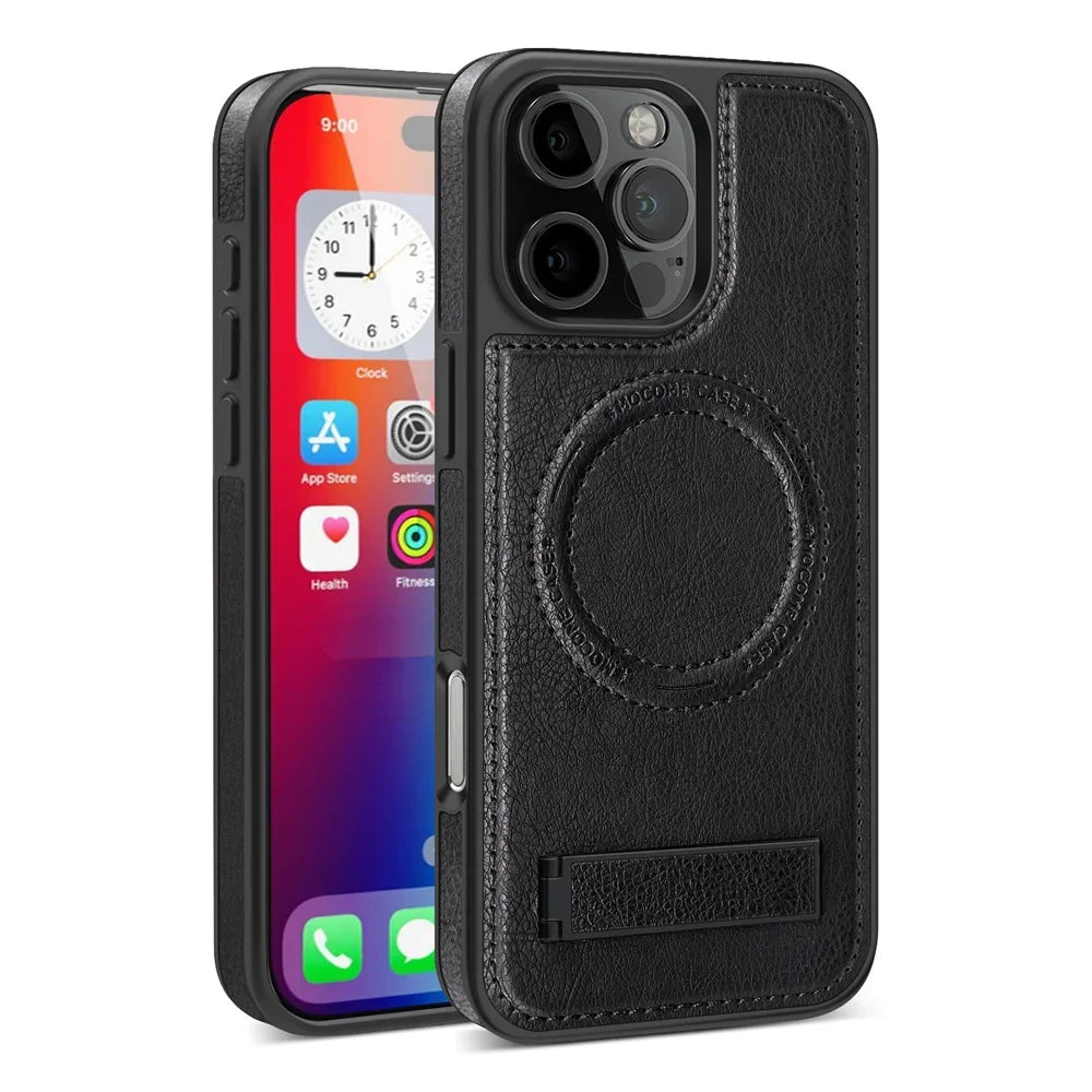 Stylish MagSafe Leather Case with Stand for iPhone 16 Series