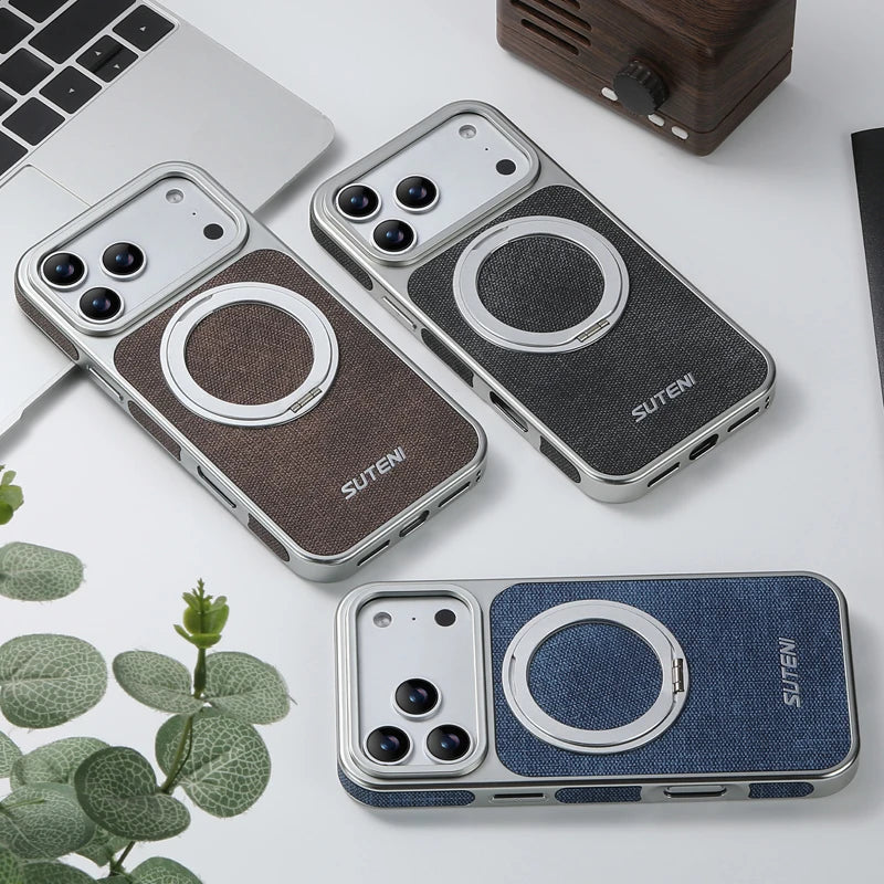 Denim Pattern PU Leather MagSafe Case with 360° Rotating Ring Stand for iPhone 17 Series