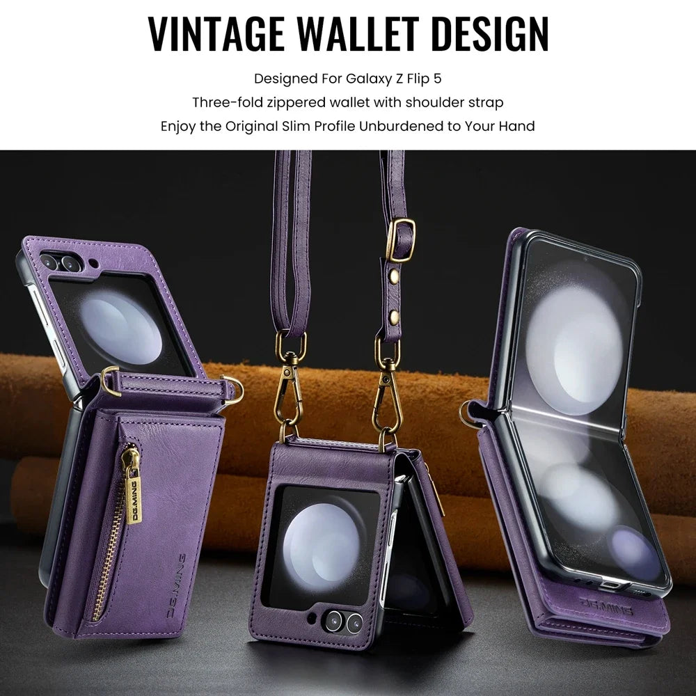 Crossbody Leather Wallet Case with Card Slot & Zipper for Samsung Galaxy Z Flip 6