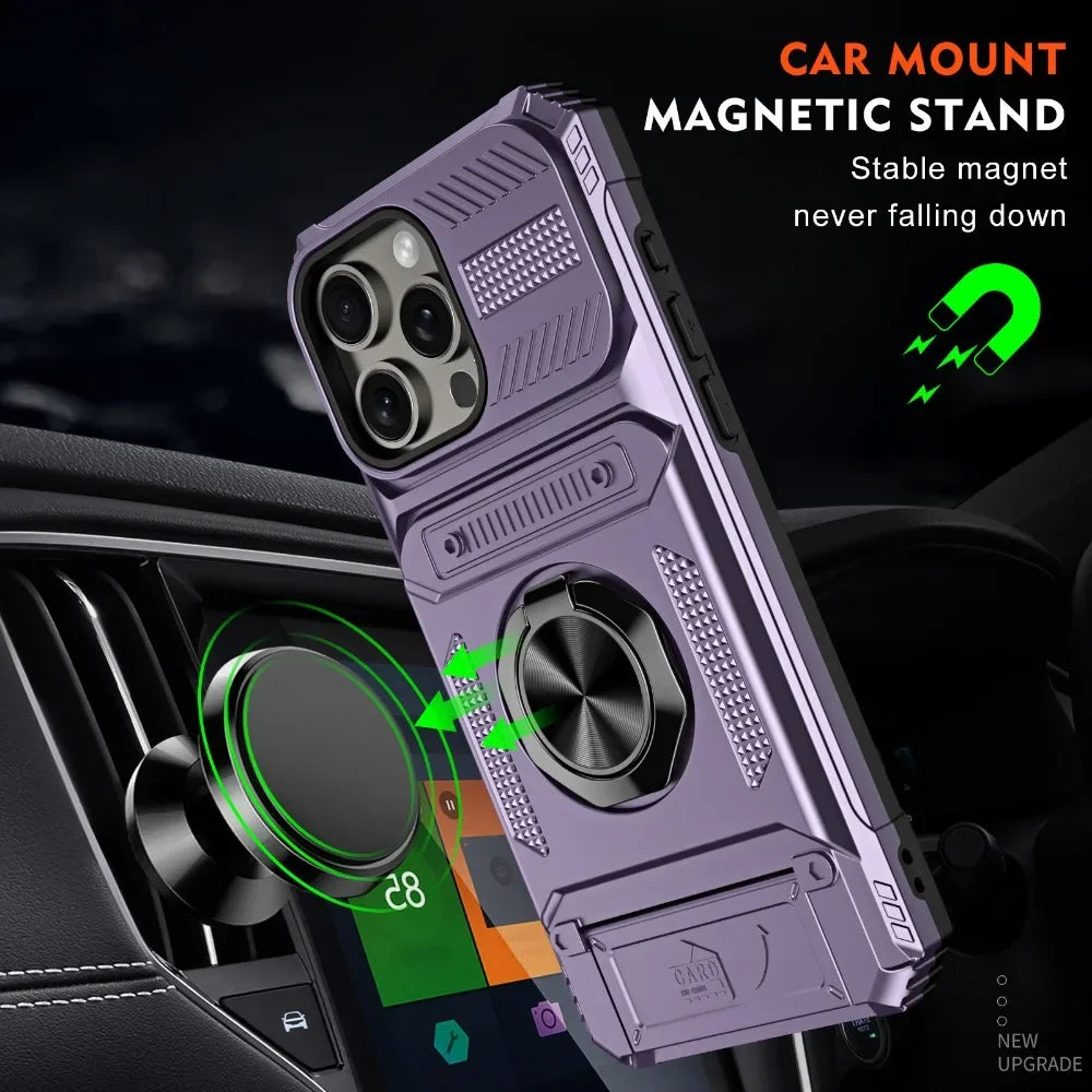 iPhone 15 Series Shockproof Heavy Duty Magnetic Case with Ring & Card Slot
