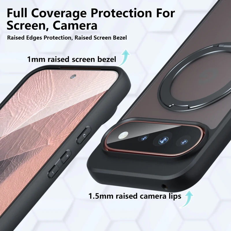 Frosted Matte Translucent Case with 360° Rotating Ring Stand for Google Pixel 11 Series