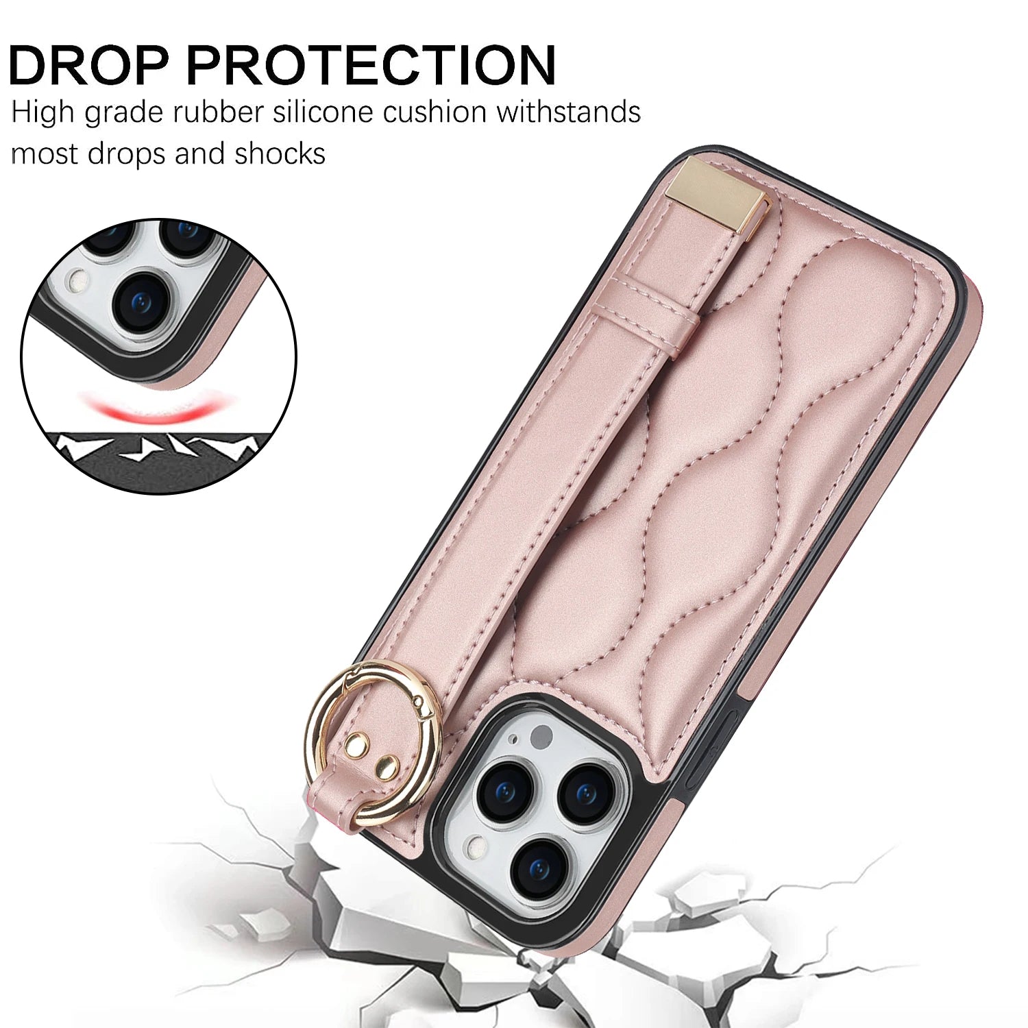 Shockproof Leather Phone Case with Wrist Strap & Ring for iPhone 15 Series