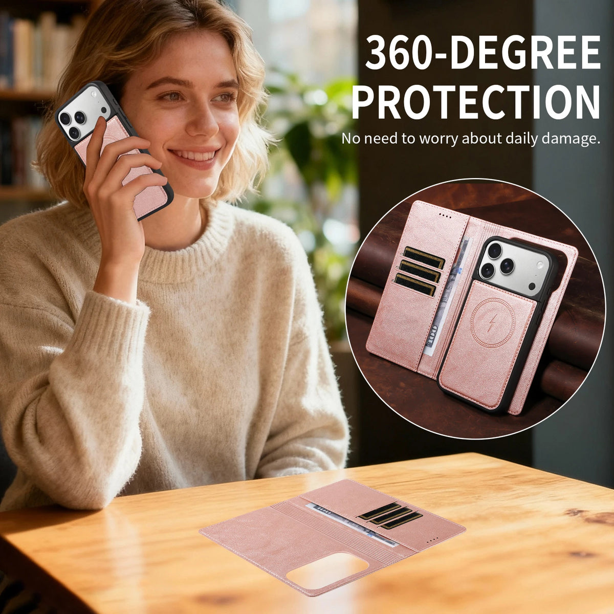 Shockproof Leather Folio Wallet Case with Detachable Magnetic Pouch for iPhone 18 Series