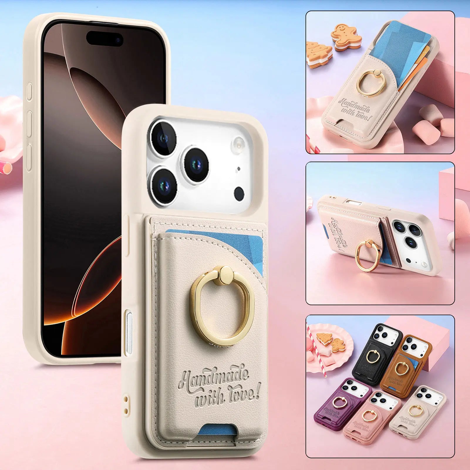 iPhone 17 Series Leather Wallet Case with Ring Holder and Kickstand