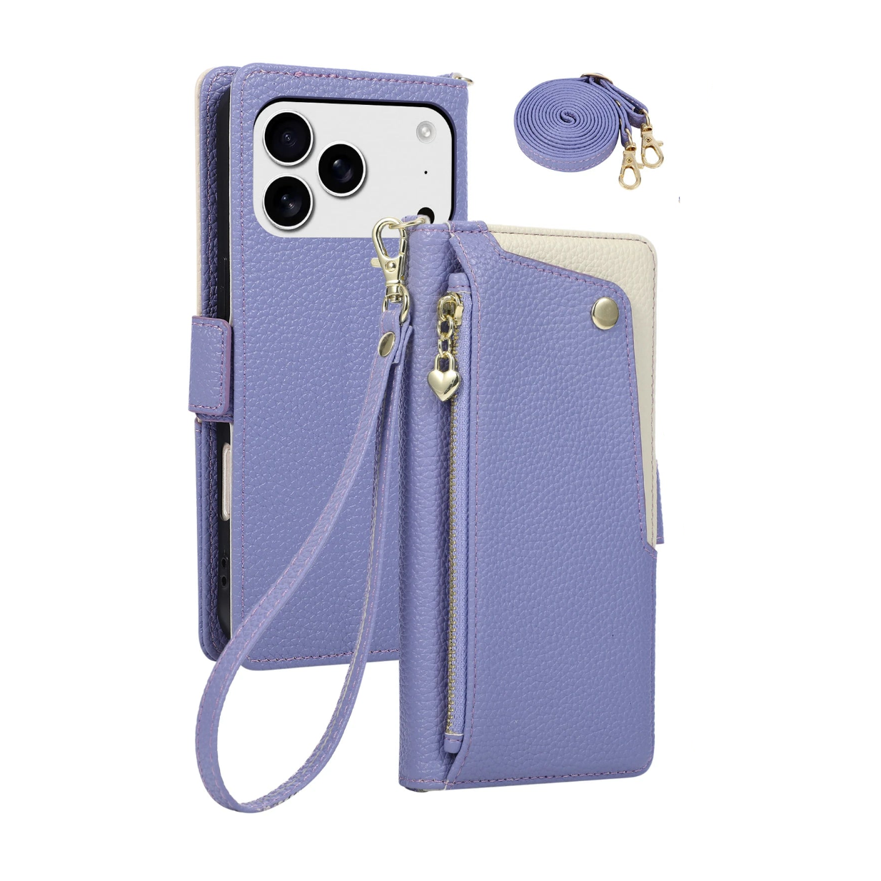 Pebbled Leather Crossbody Wallet Case with Detachable Shoulder Strap for iPhone 18 Series