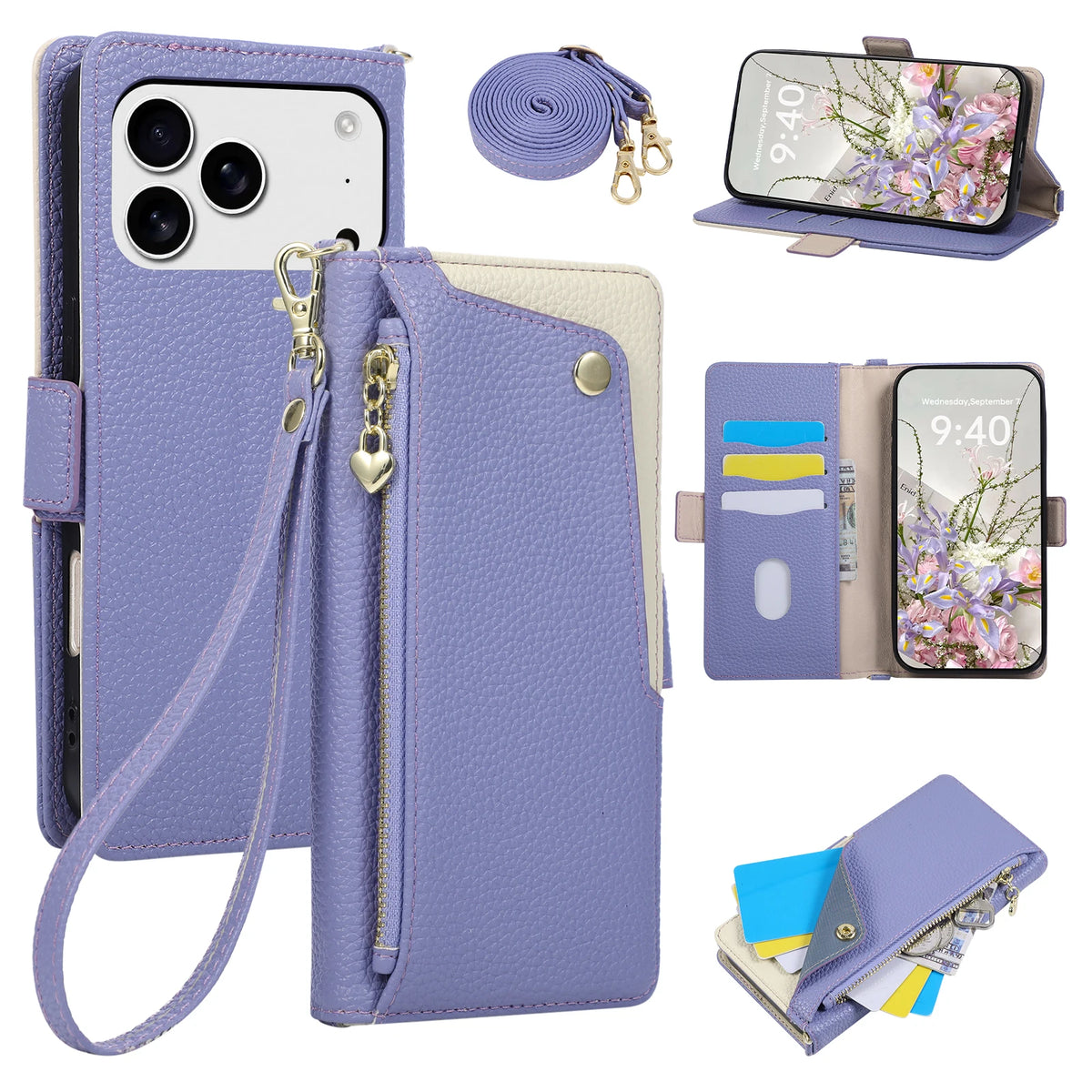 Pebbled Leather Crossbody Wallet Case with Detachable Shoulder Strap for iPhone 18 Series