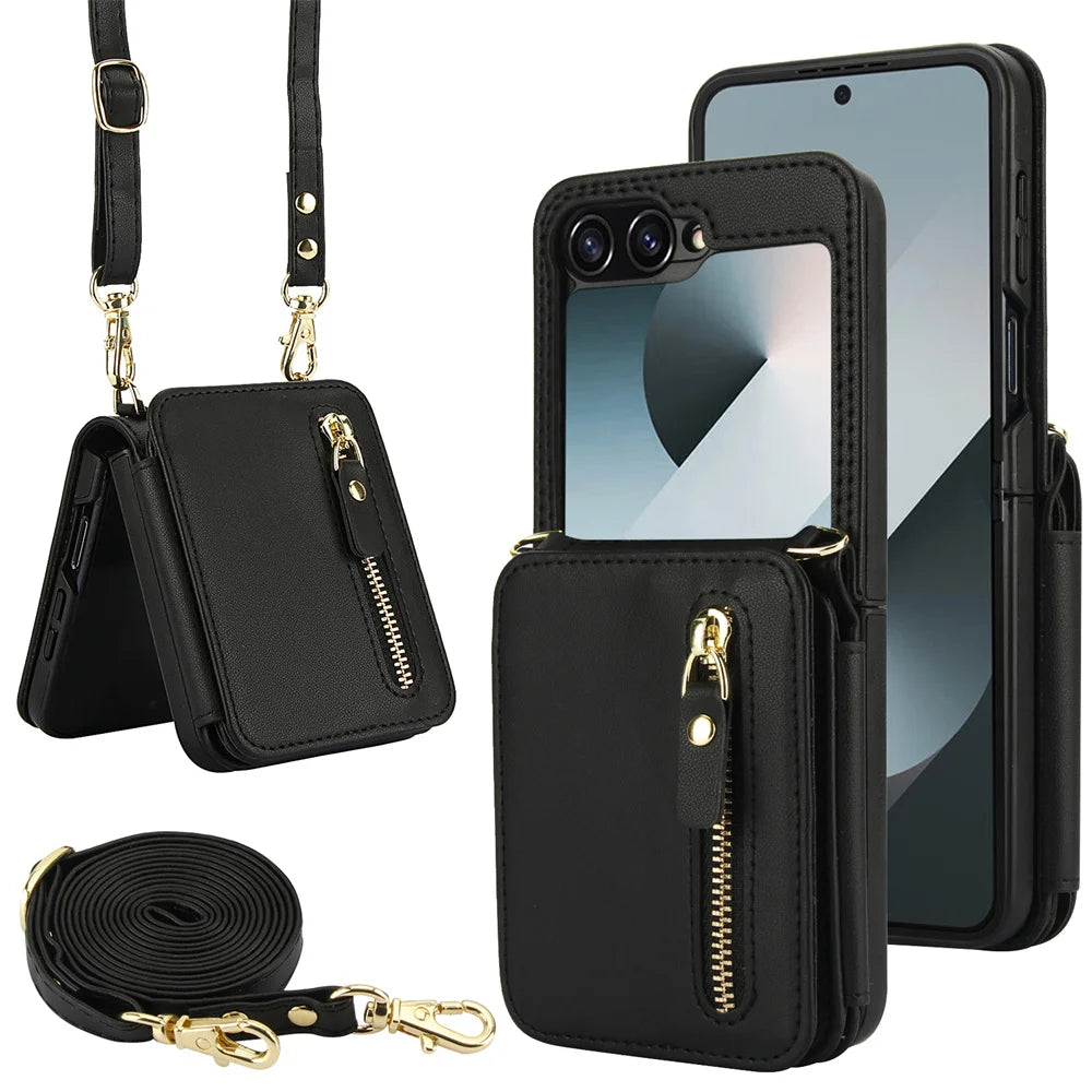 Premium Leather Crossbody Phone Case with Zipper Wallet & Card Holder for Samsung Galaxy Z Flip 5