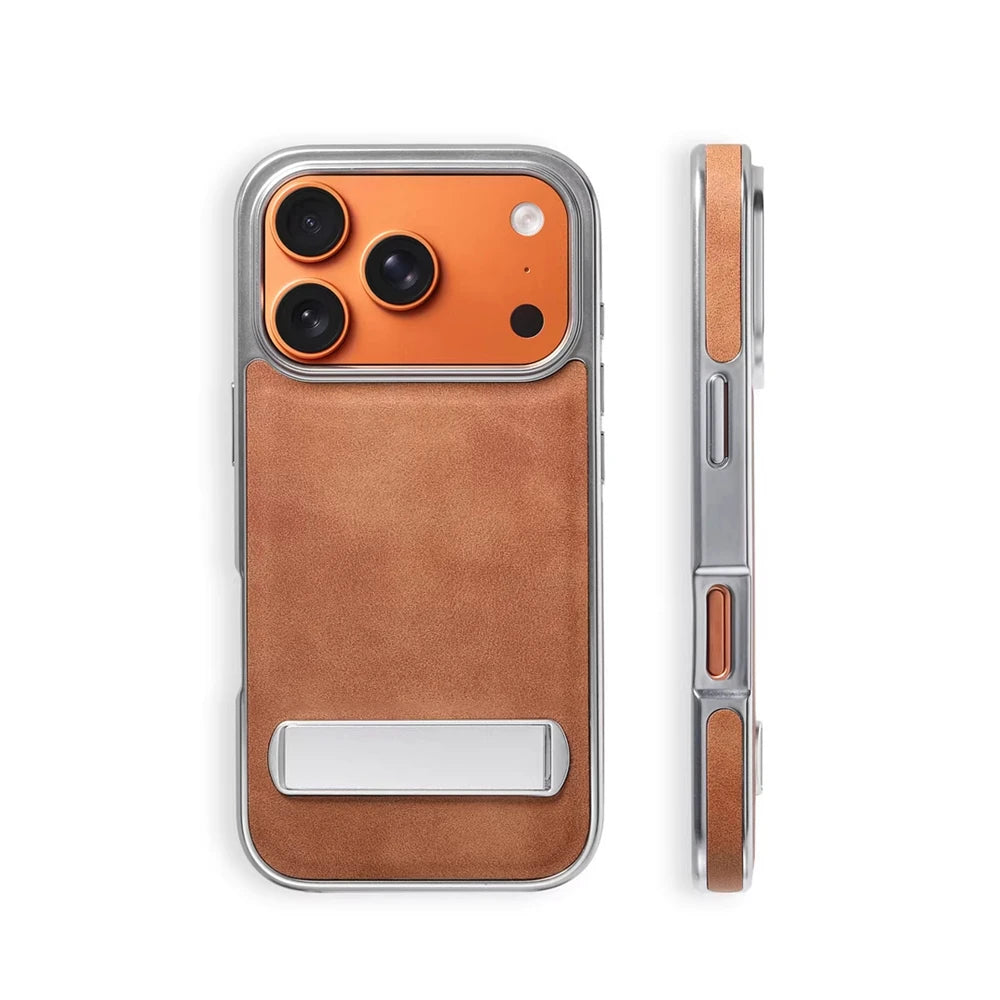 Luxury Electroplated PU Leather Case with Foldable Alloy Stand for iPhone 17 Series