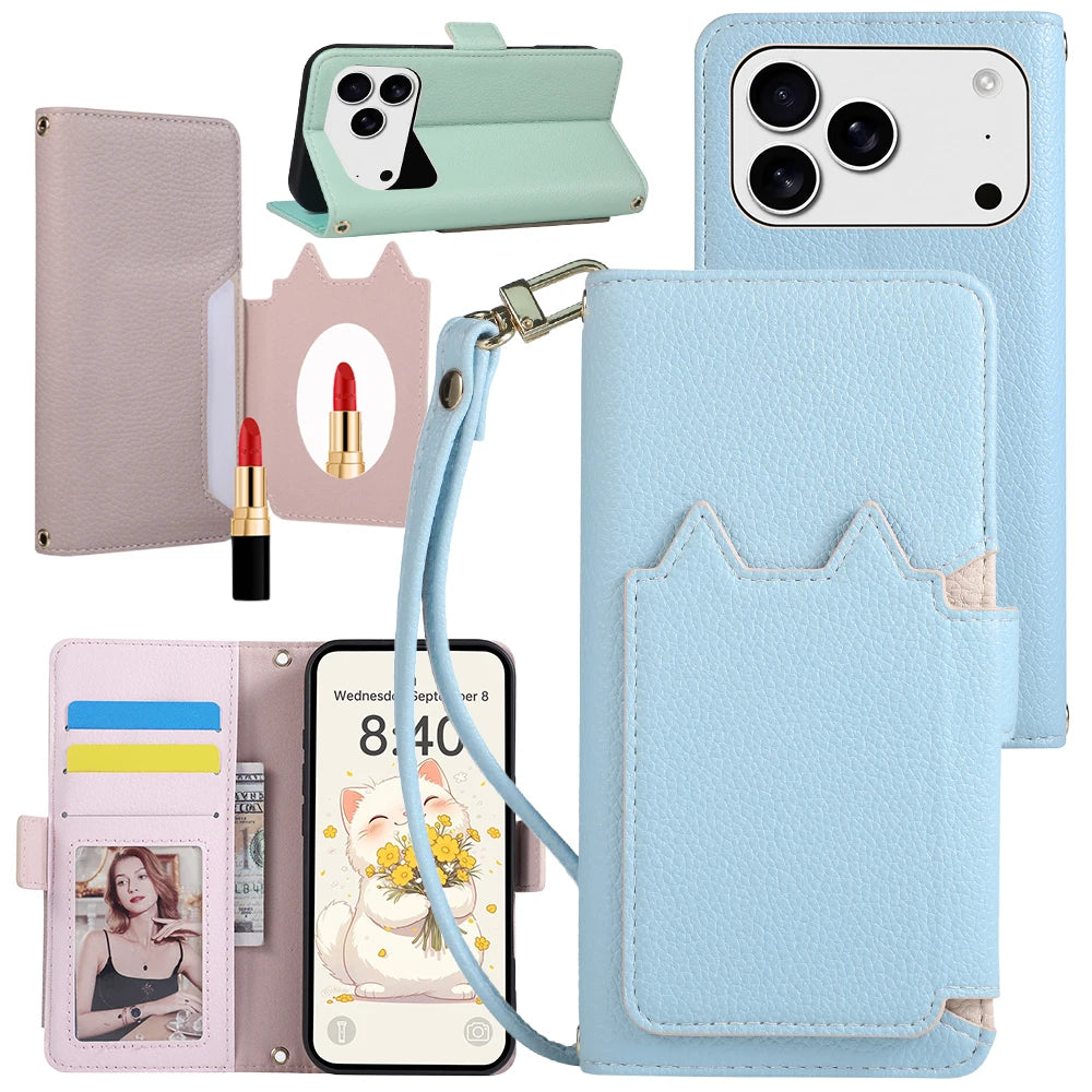 Leather Folio Wallet Case with Strap and Mirror for iPhone 17 Series
