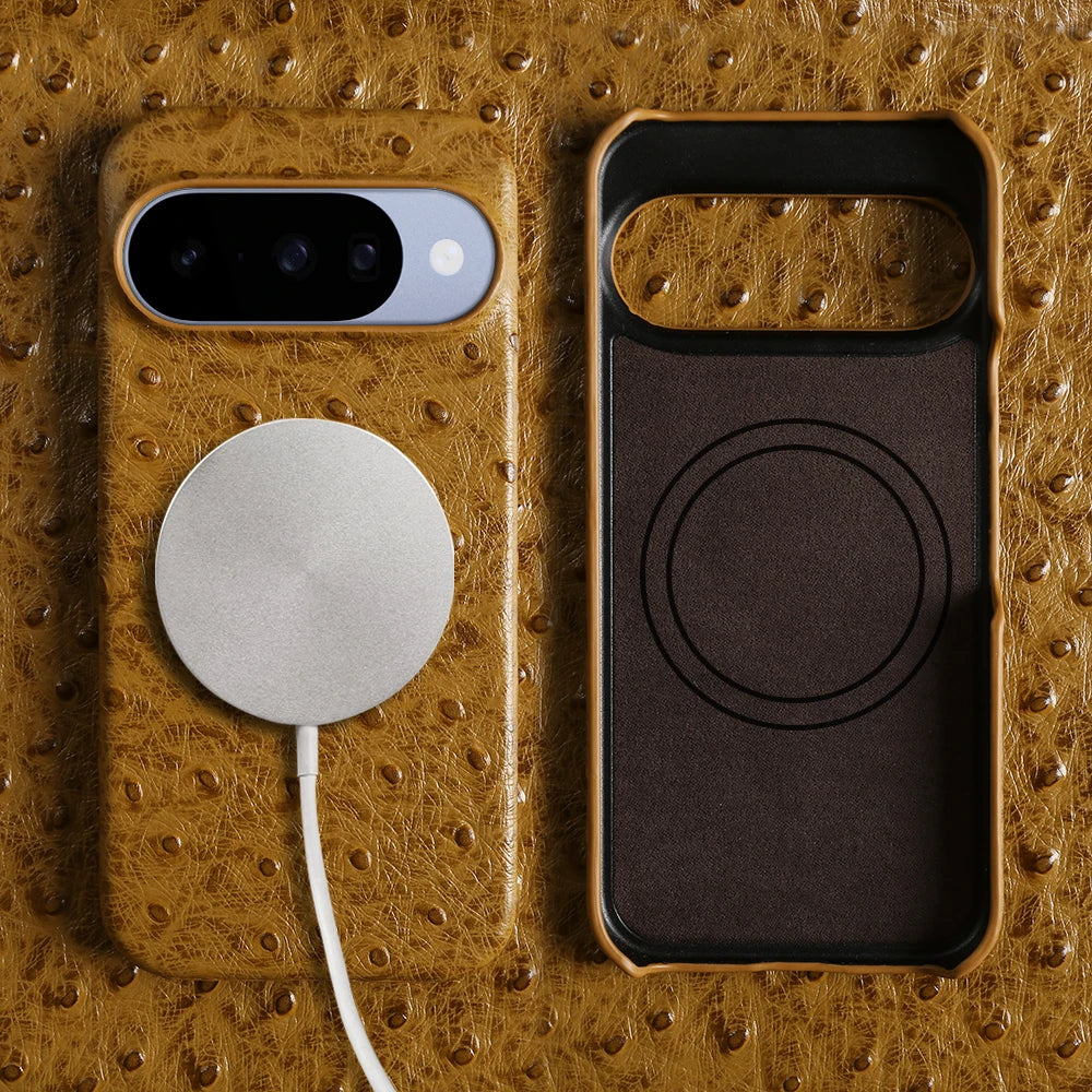 Genuine Ostrich Leather Magnetic Case with Raised Camera Ring for Google Pixel 10 Series