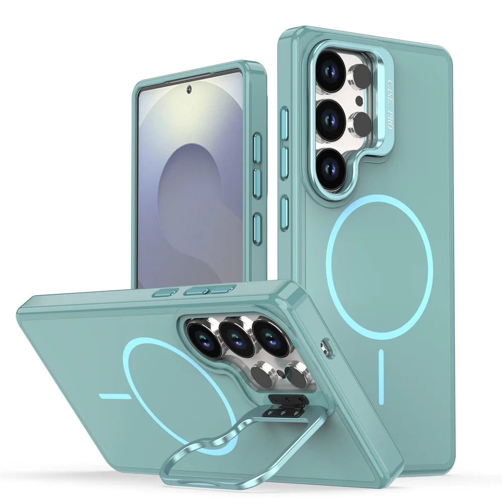 Silicone Magnetic Case with Metal Lens Stand for Samsung Galaxy S25 Series