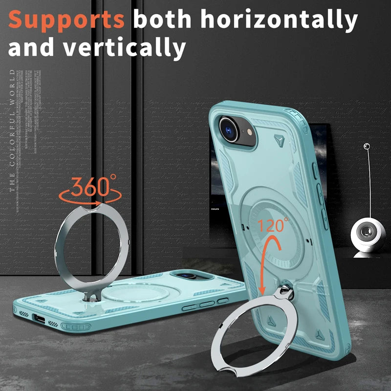 iPhone 16e Magnetic Hard PC + Soft TPU Case & Rotatable Ring Stand