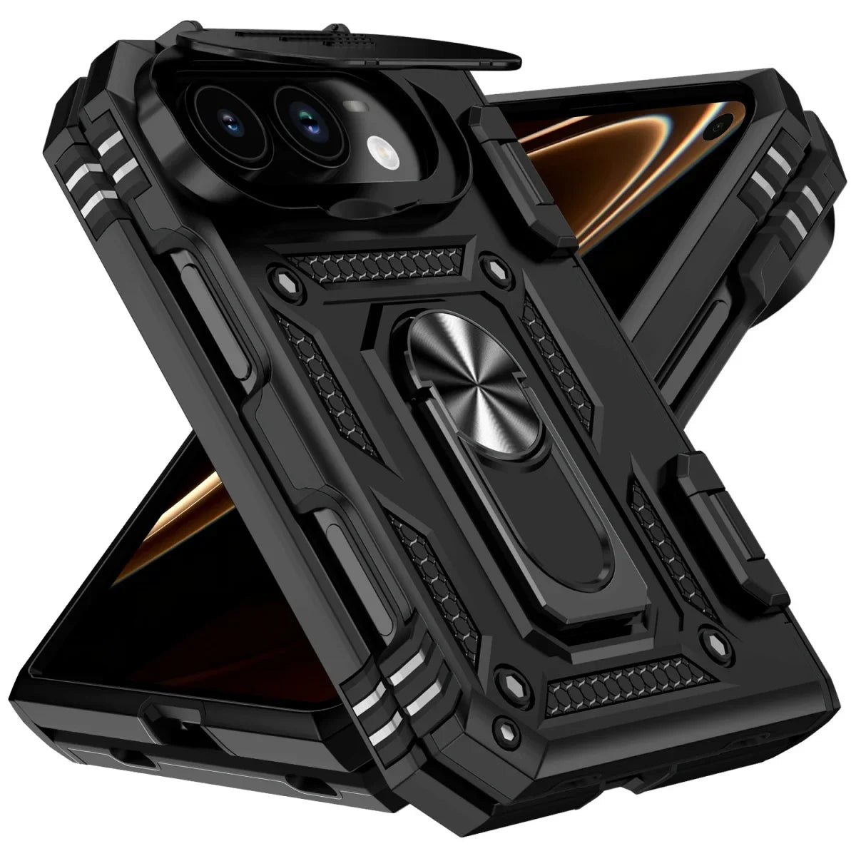 Military-Grade Case with Flip Camera Cover and Rotating Ring Stand for iPhone Duo