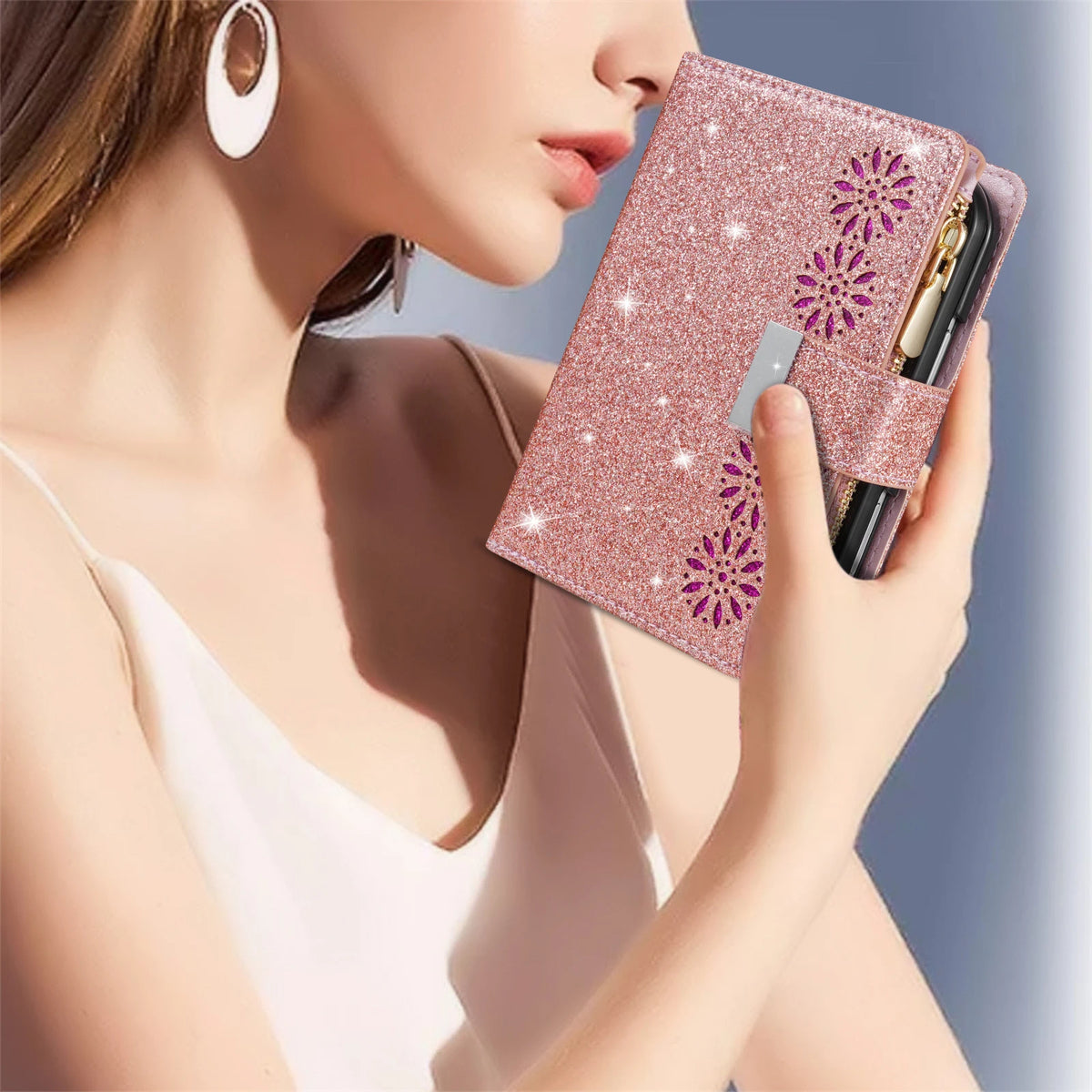 Glitter Floral PU Leather Wallet Case with Kickstand for iPhone Duo