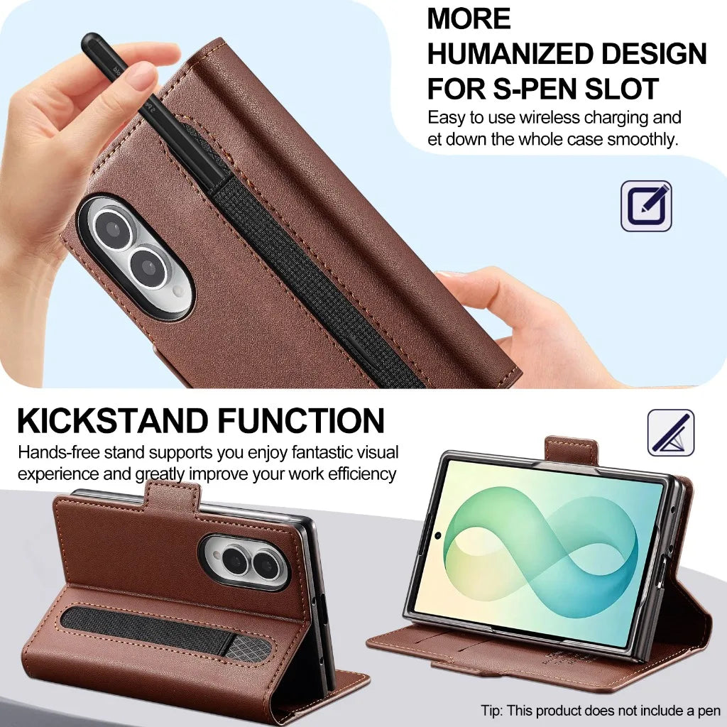 Genuine Leather Hinge Protection Wallet Case with Magnetic S Pen Slot for Samsung Galaxy Z Fold 8