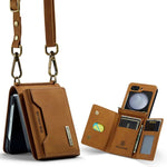 Brown phone case with strap and card slots on a white background