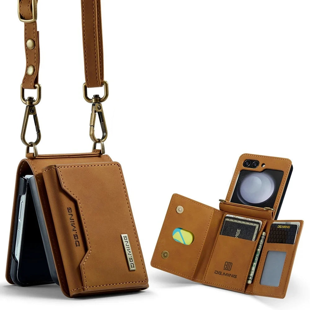 Brown phone case with strap and card slots on a white background