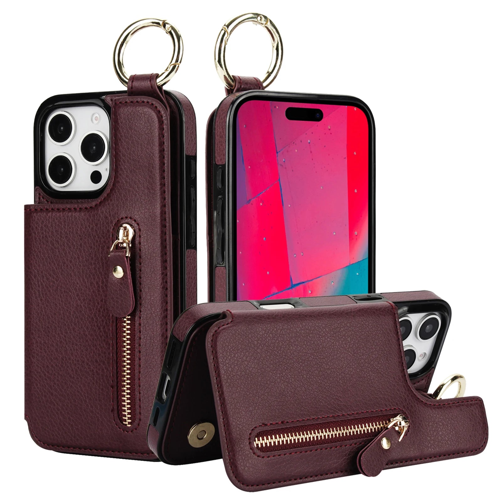 Protective Leather Case with Zipper Wallet & Ring Holder for iPhone 15 Series