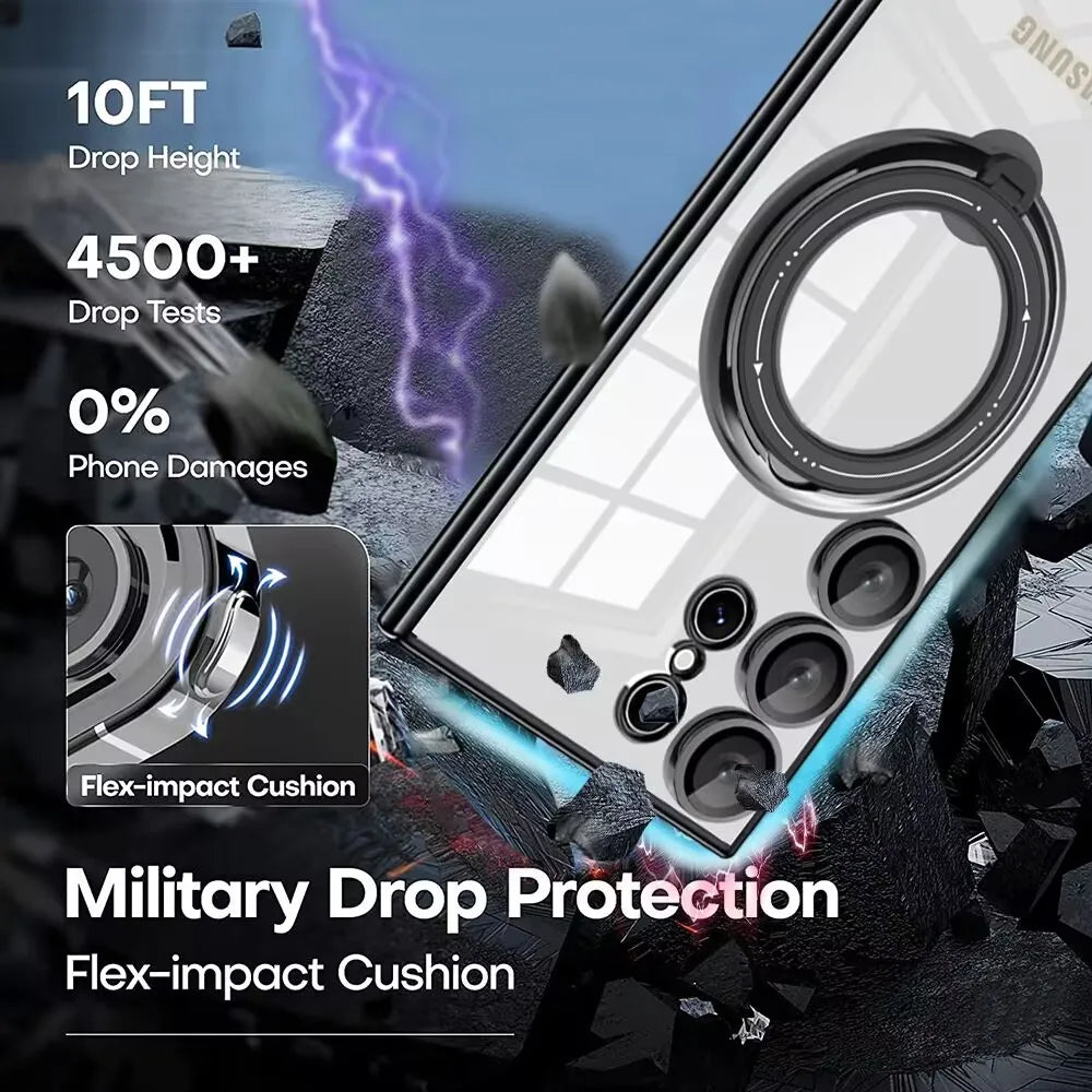 Samsung Galaxy S25 Series Shockproof Clear Magnetic Case with 360° Rotating Ring Stand