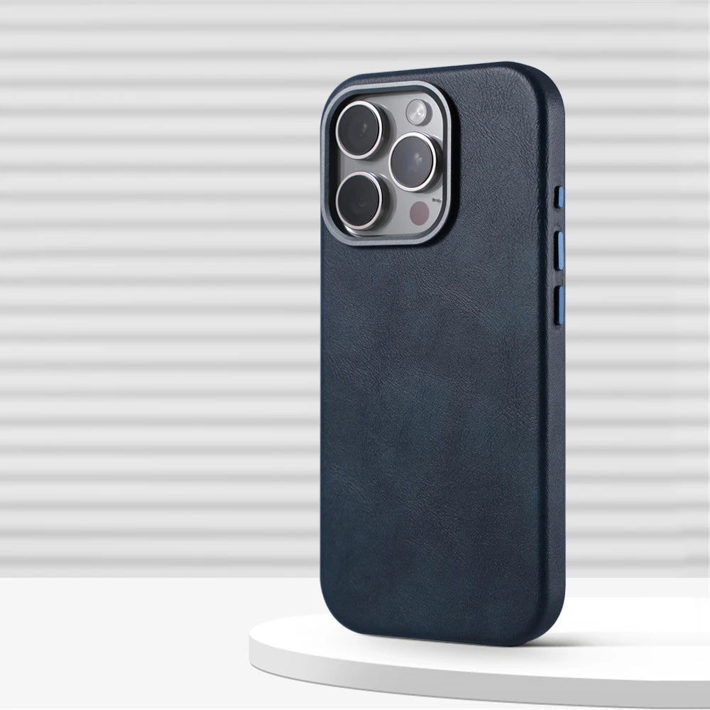 Luxury Business Retro Leather MagSafe Case with Alloy Lens for iPhone 16 Series