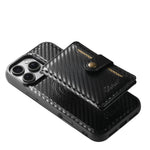 Black carbon fiber phone case with a card holder on a white background