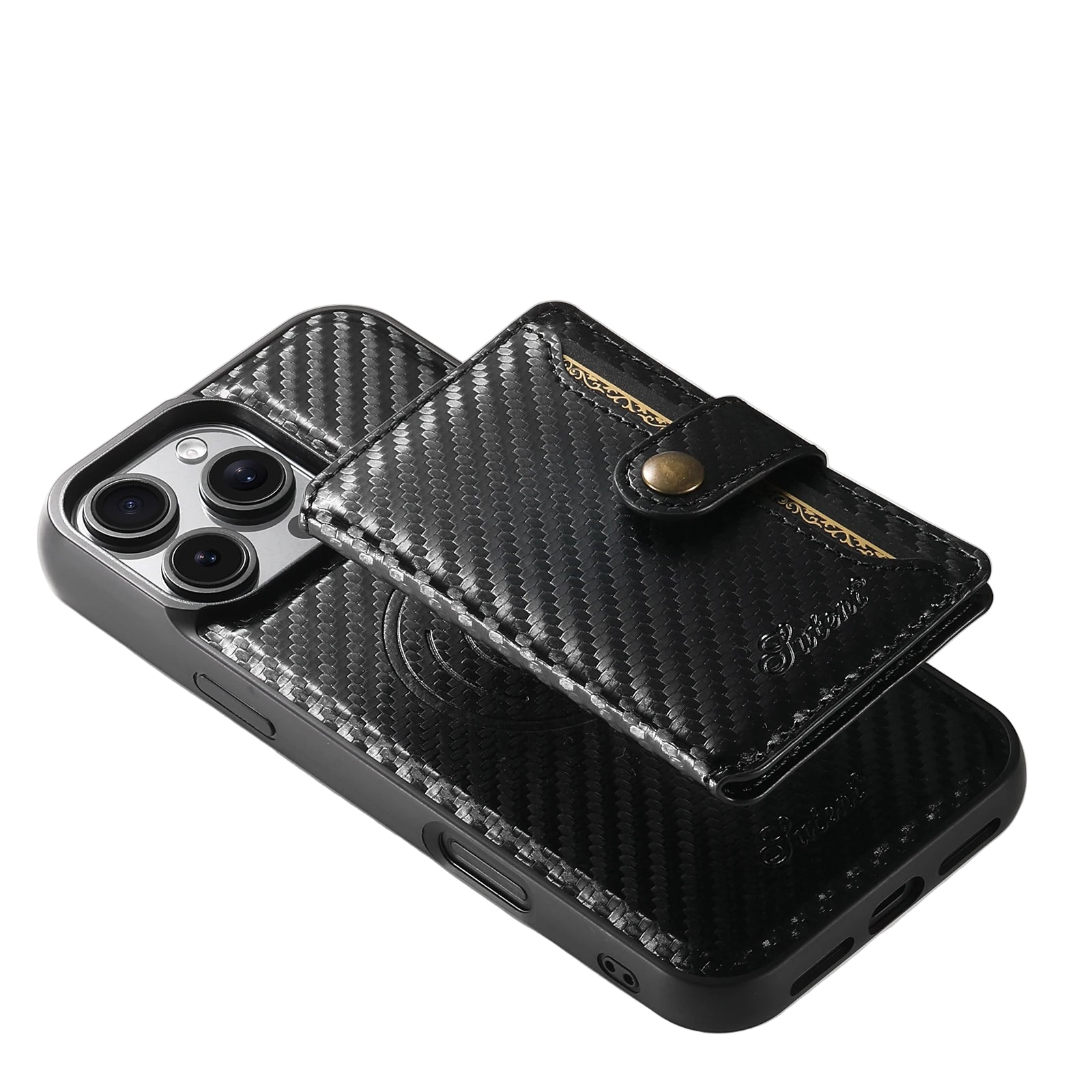 Black carbon fiber phone case with a card holder on a white background