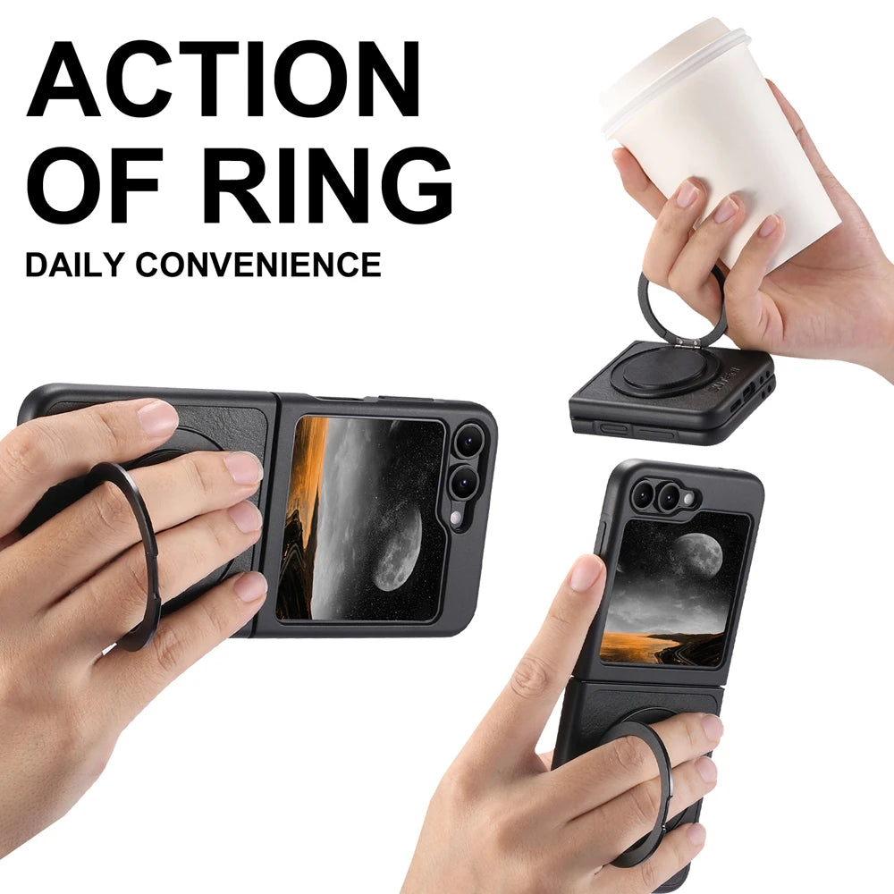 Premium Leather Magnetic Flip Case with Ring Bracket for Samsung Galaxy Z Flip 6