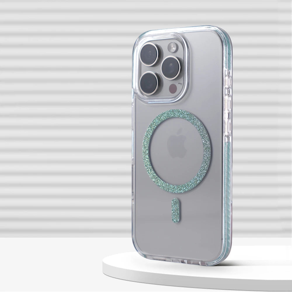 Transparent Glitter Oval MagSafe Ring Case with Bumper Protection for iPhone 15 Series