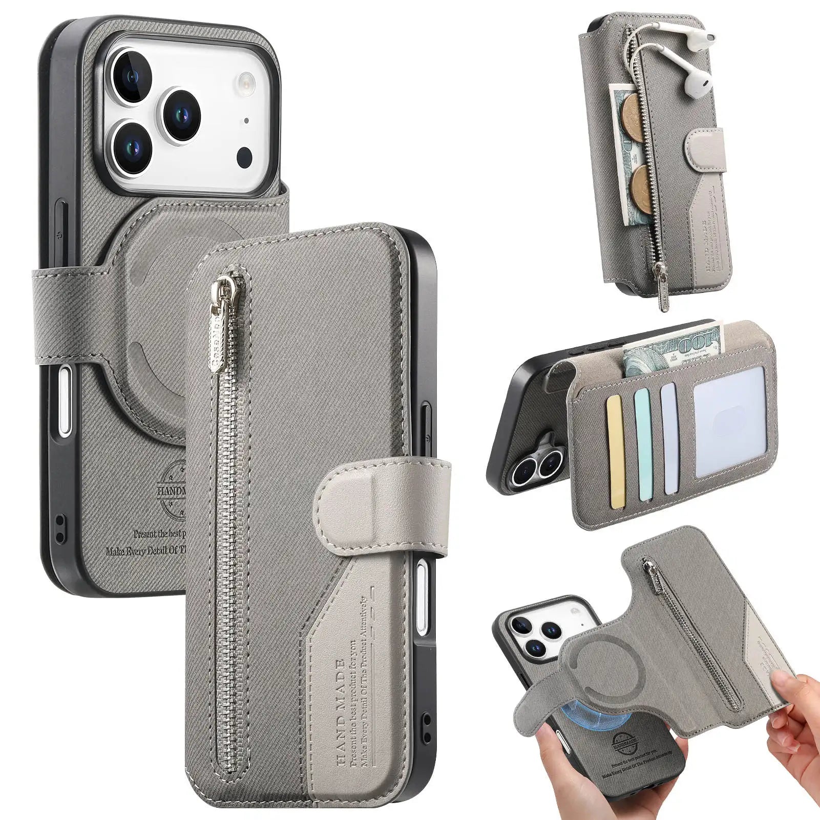 Shockproof Leather Flip Case with Detachable Zipper Wallet for iPhone 17 Series