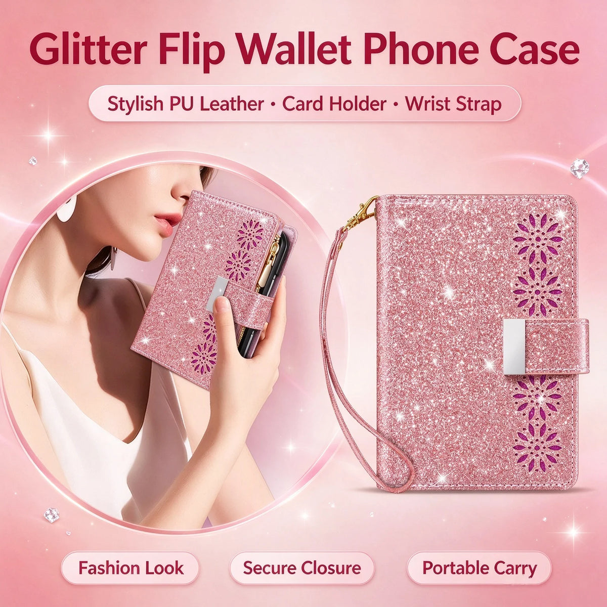 Glitter Floral PU Leather Wallet Case with Kickstand for iPhone Duo