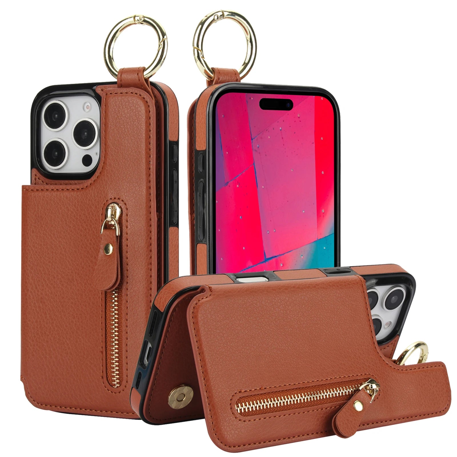 Protective Leather Case with Zipper Wallet & Ring Holder for iPhone 16 Series